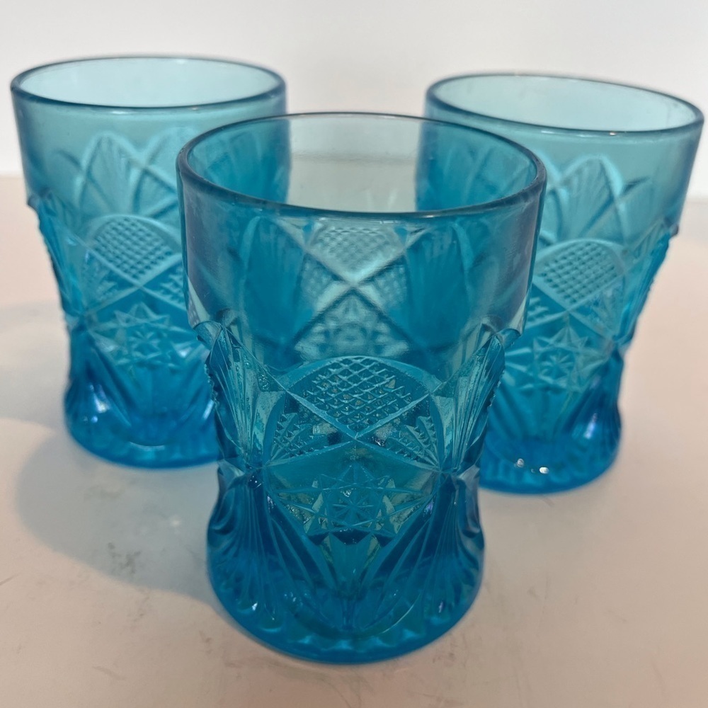 Vintage Set of 3 Pressed Glass 4 inch Aqua Blue Tumblers